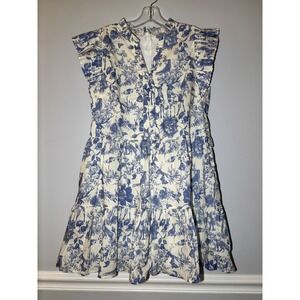 Fate Finest Land Dress Womens Blue White Toile Tiered Cotton Mini